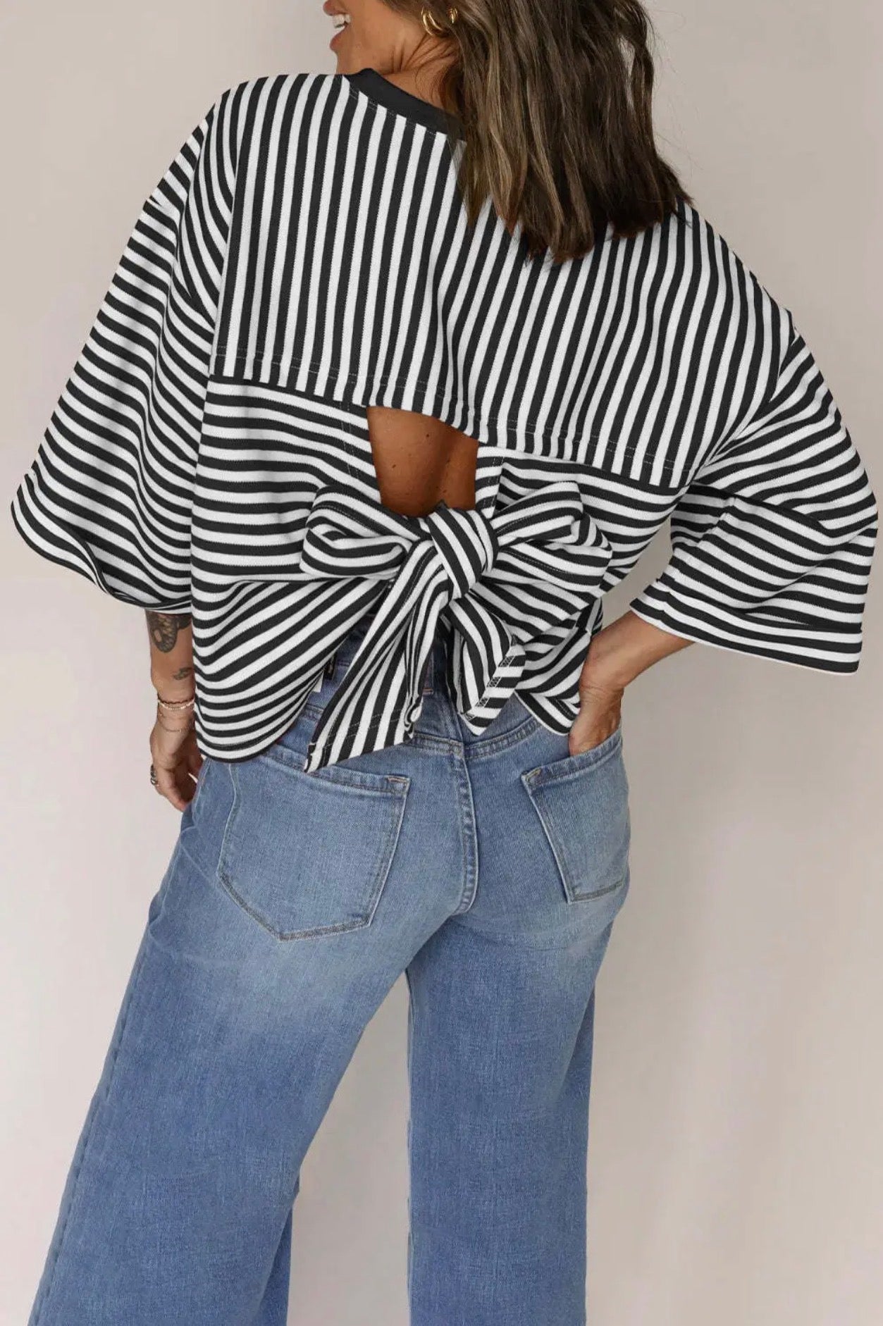 Striped Knit Crew Neck Top with Back Bow Tie Detail
