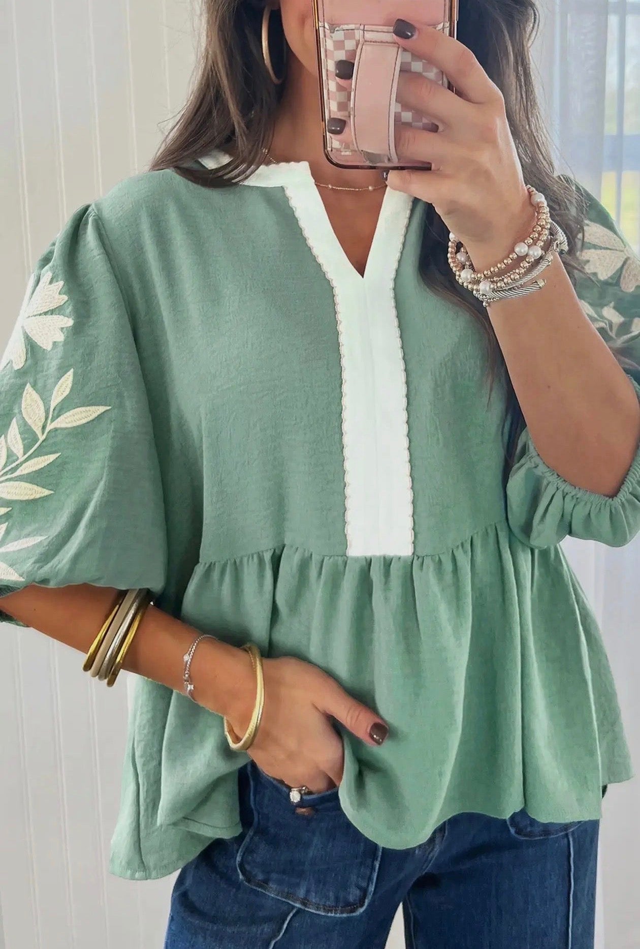 Floral embroidered v-neck puff sleeve babydoll blouse
