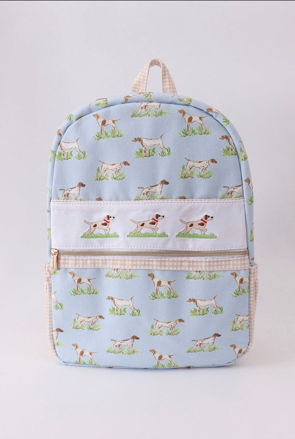 Hunting Dog with Tan Gingham Backpacks