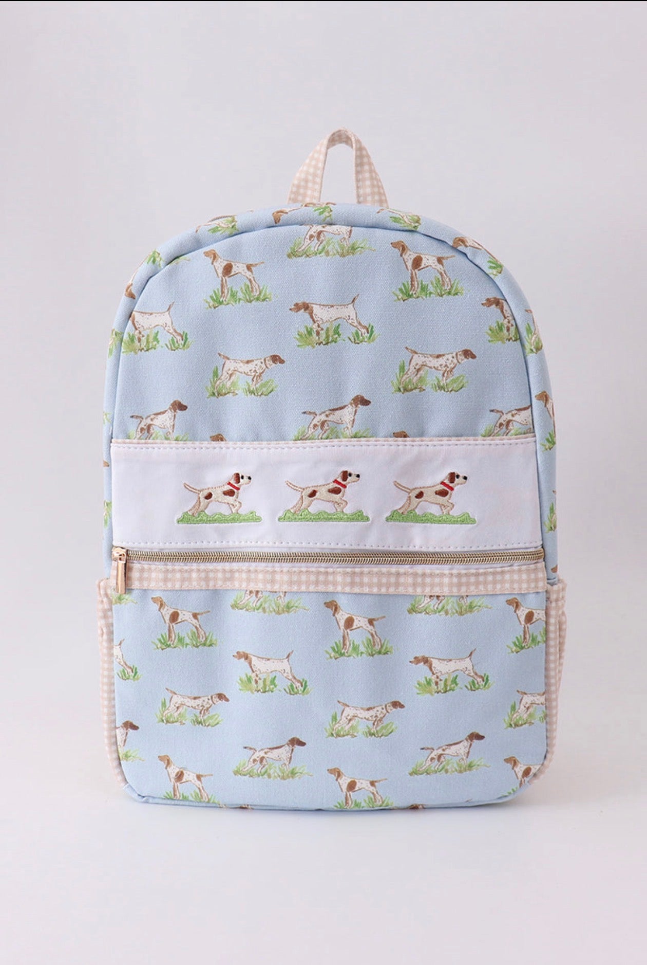 Hunting Dog with Tan Gingham Backpacks