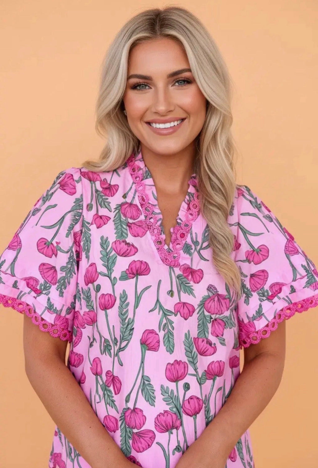 Floral Lace Frilled V-Neck Short Sleeve Blouse