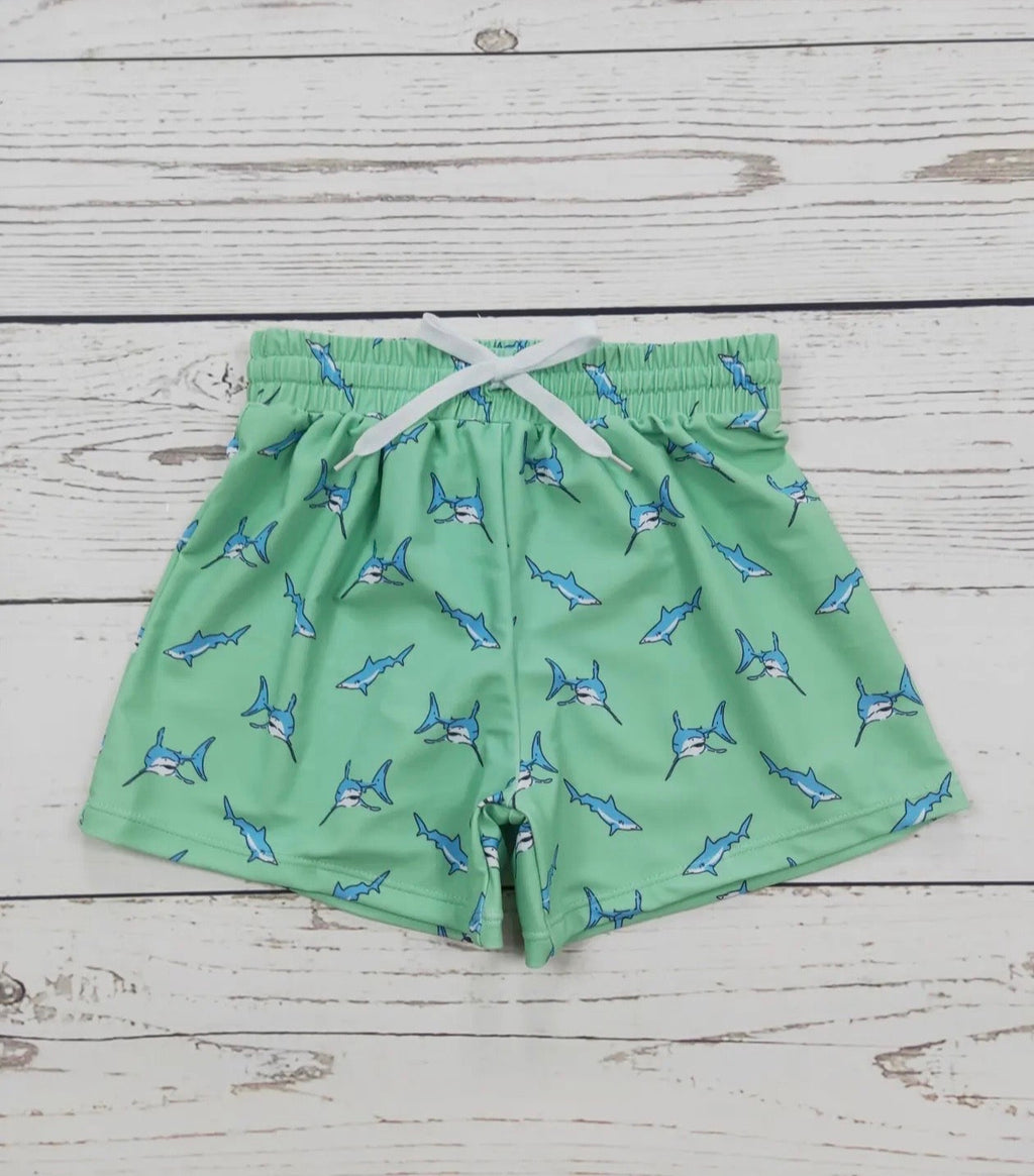 Boys Green Shark Swim Trunks