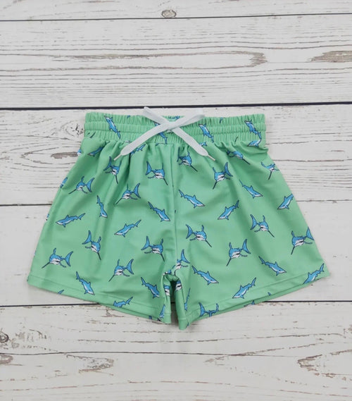 Boys Green Shark Swim Trunks