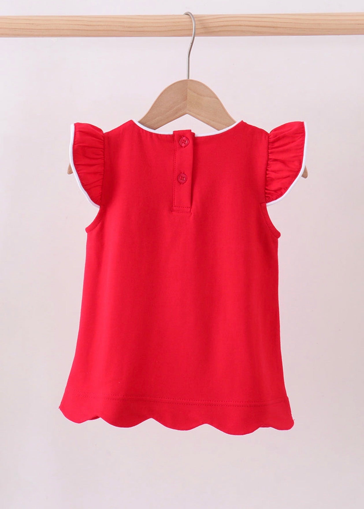 Red flutter sleeve scalloped top