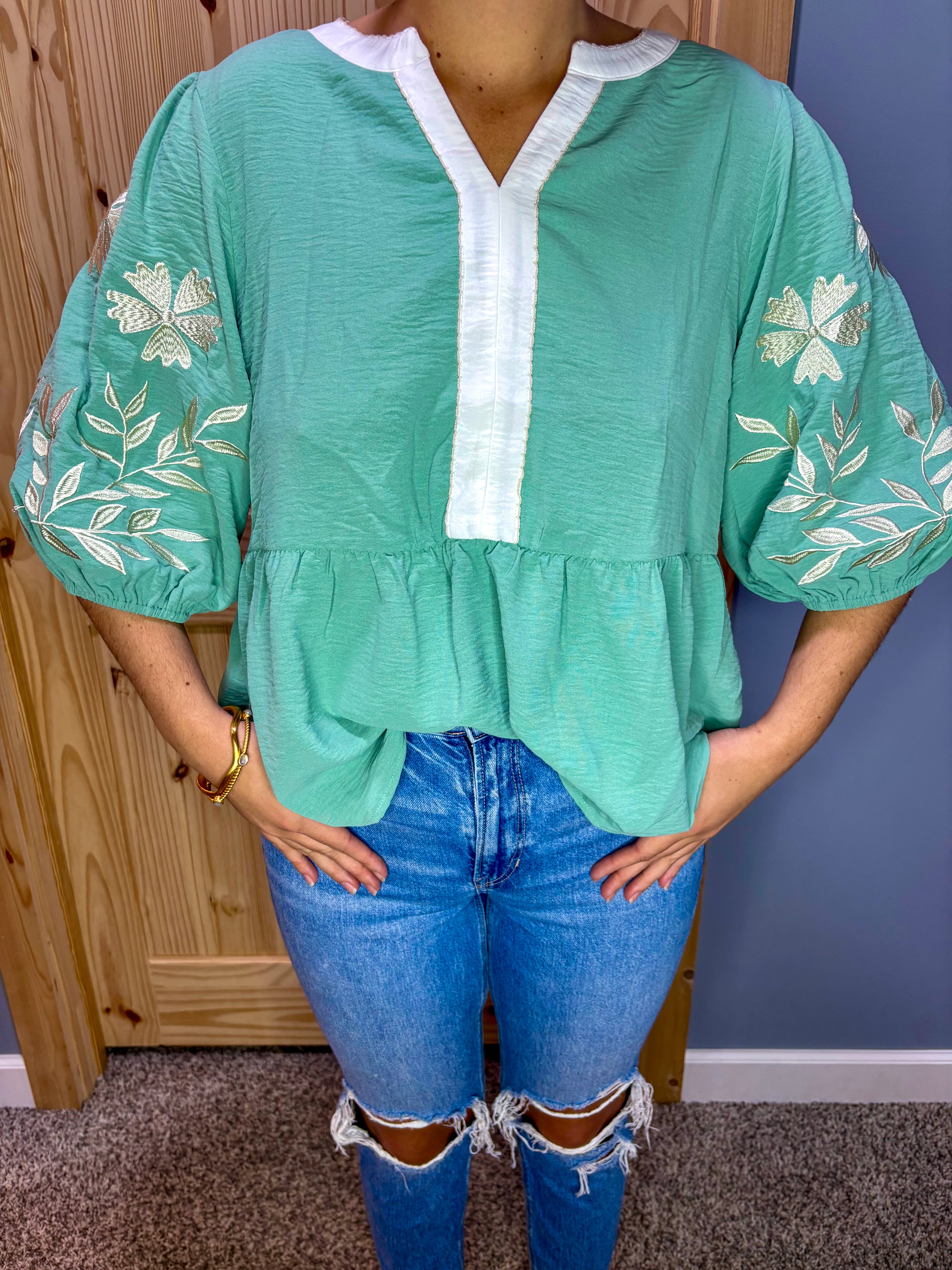 Floral embroidered v-neck puff sleeve babydoll blouse