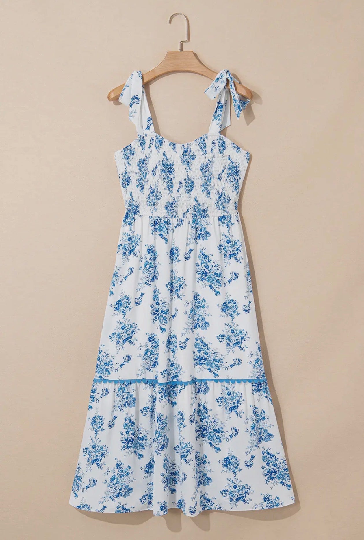 Sky Blue Floral Print Shirred Knot Shoulder Sleeveless Long Dress