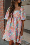 Women's Summer Floral Square Neck Puff Sleeve Babydoll Dress