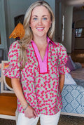 Rose Blooms Floral Collared V Neck
Short Puff Sleeve Blouse Top