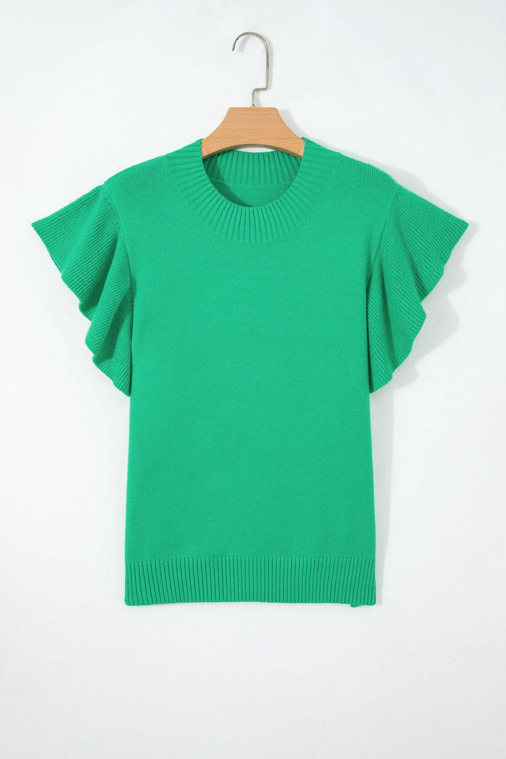 LALALOO Solid Ribbed Ruffle Short Sleeve Sweater