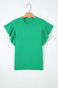 LALALOO Solid Ribbed Ruffle Short Sleeve Sweater