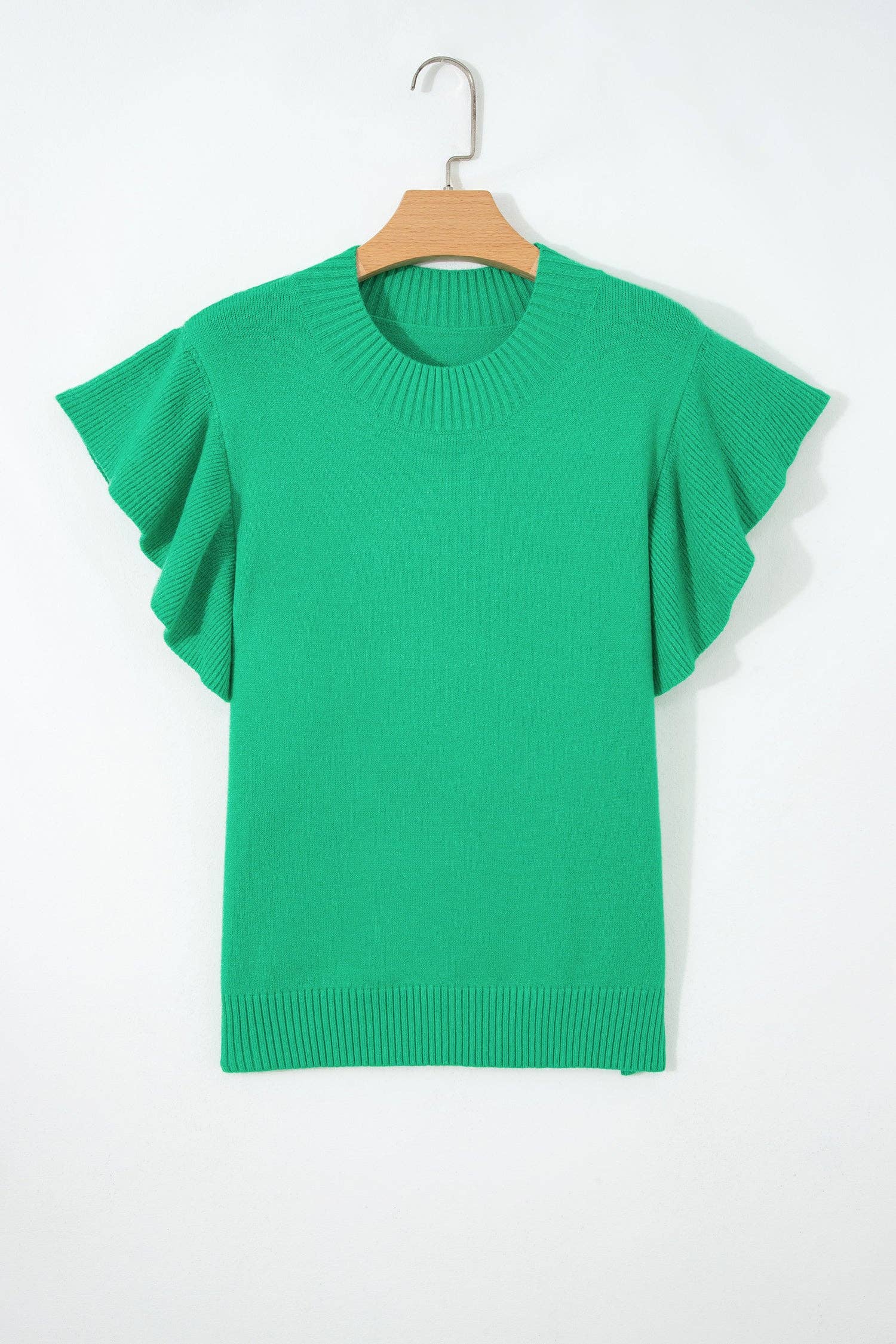 LALALOO Solid Ribbed Ruffle Short Sleeve Sweater