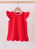 Red flutter sleeve scalloped top