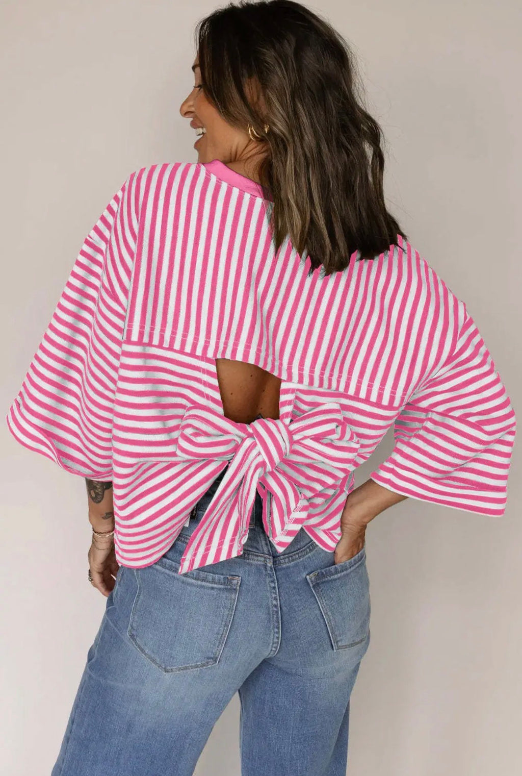Striped Knit Crew Neck Top with Back Bow Tie Detail