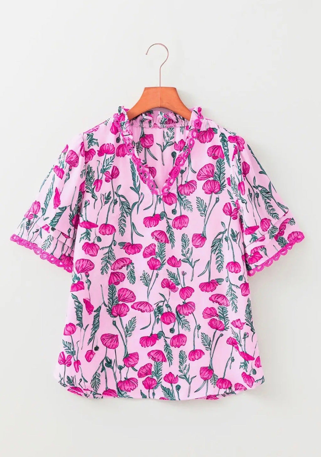 Floral Lace Frilled V-Neck Short Sleeve Blouse