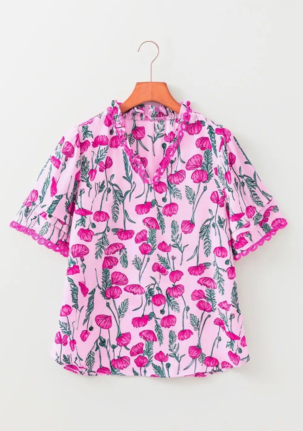 Floral Lace Frilled V-Neck Short Sleeve Blouse