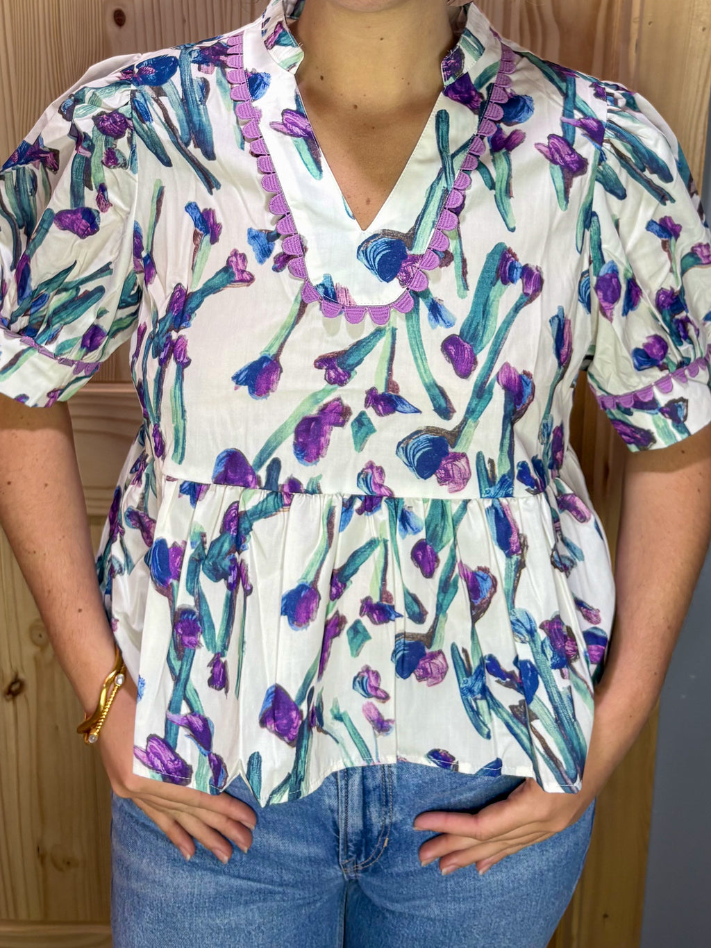 Floral Ricrac Trim Short Sleeve Peplum Top