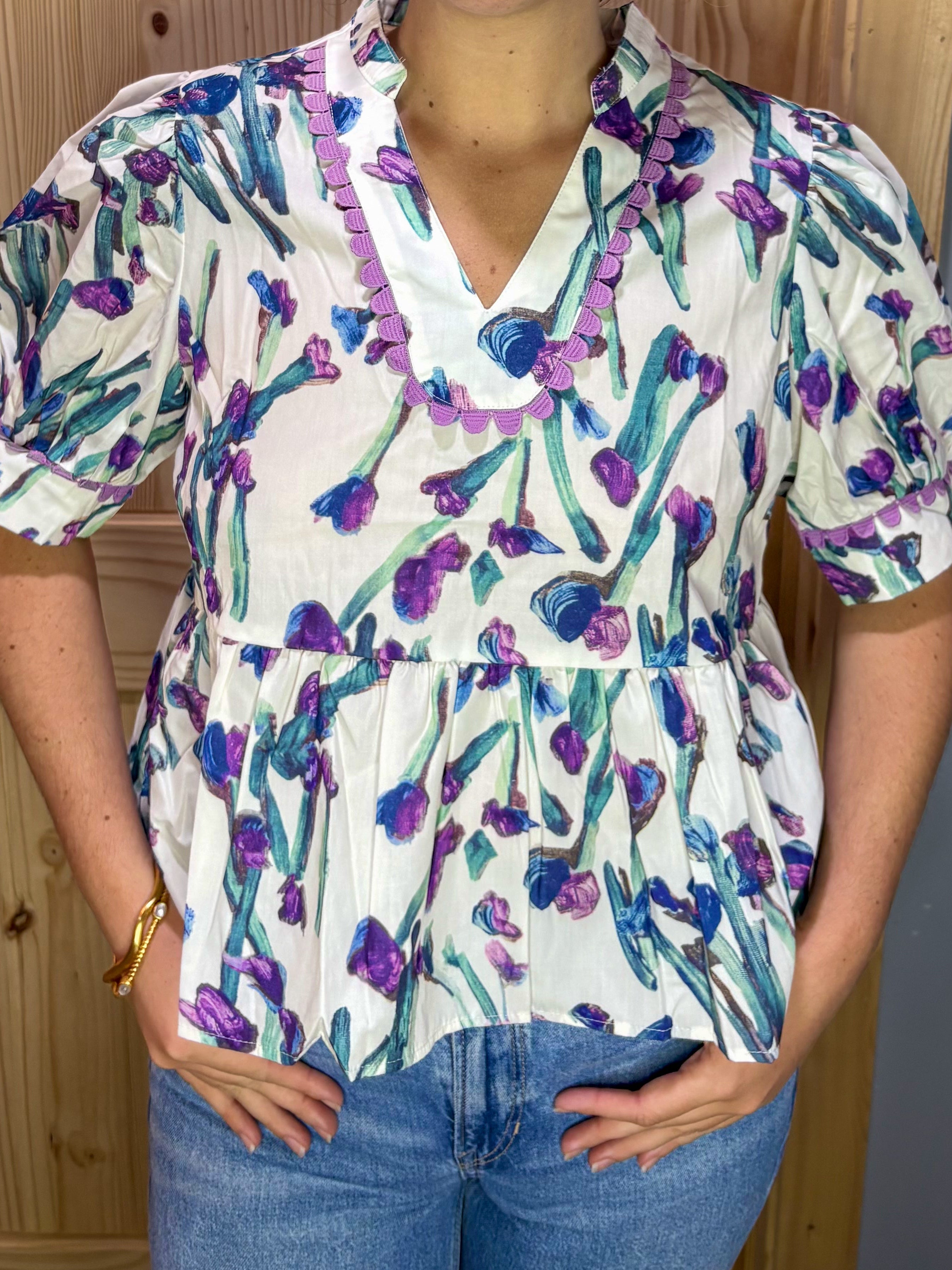Floral Ricrac Trim Short Sleeve Peplum Top