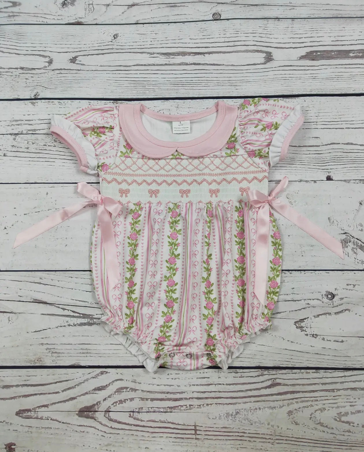 Flower Printed Bow Smocked Bubble