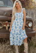 Sky Blue Floral Print Shirred Knot Shoulder Sleeveless Long Dress