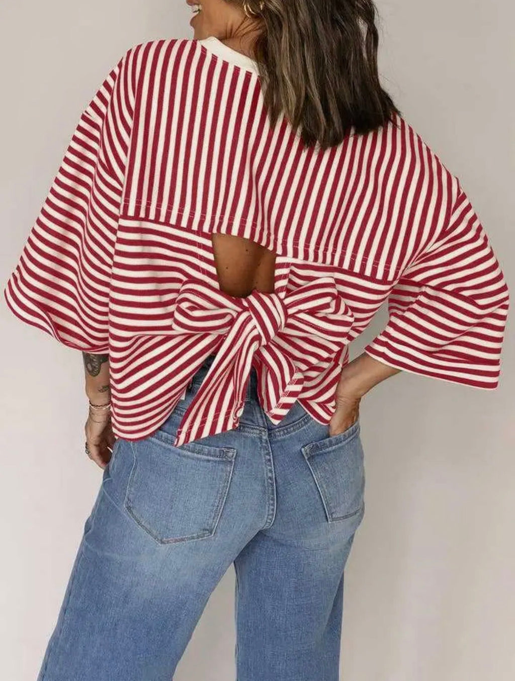 Striped Knit Crew Neck Top with Back Bow Tie Detail