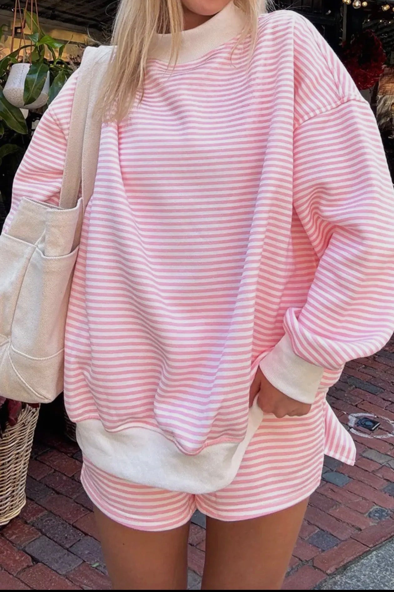 Pink Stripe Oversize Mock Neck
Sweatshirt and Shorts Set