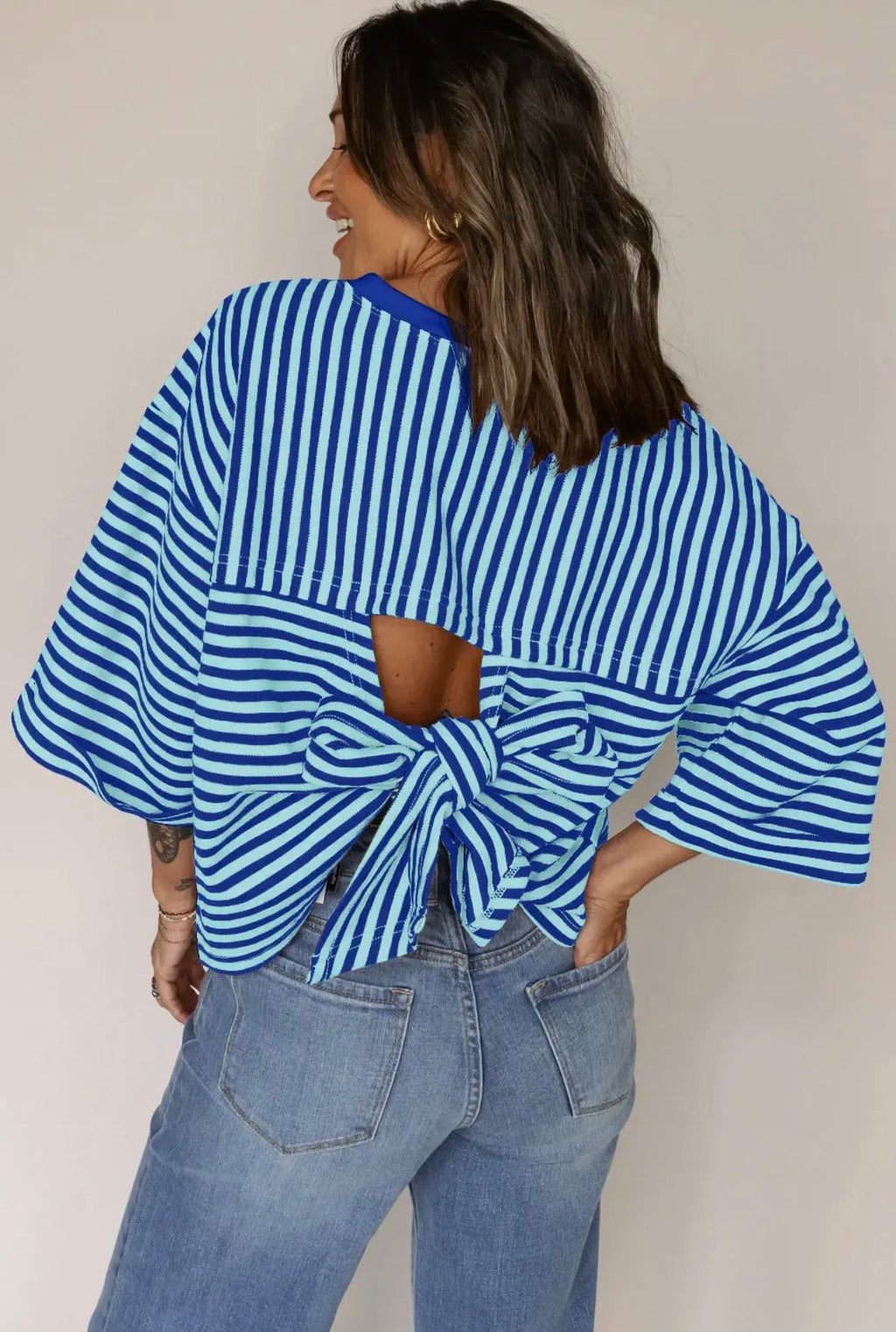 Striped Knit Crew Neck Top with Back Bow Tie Detail
