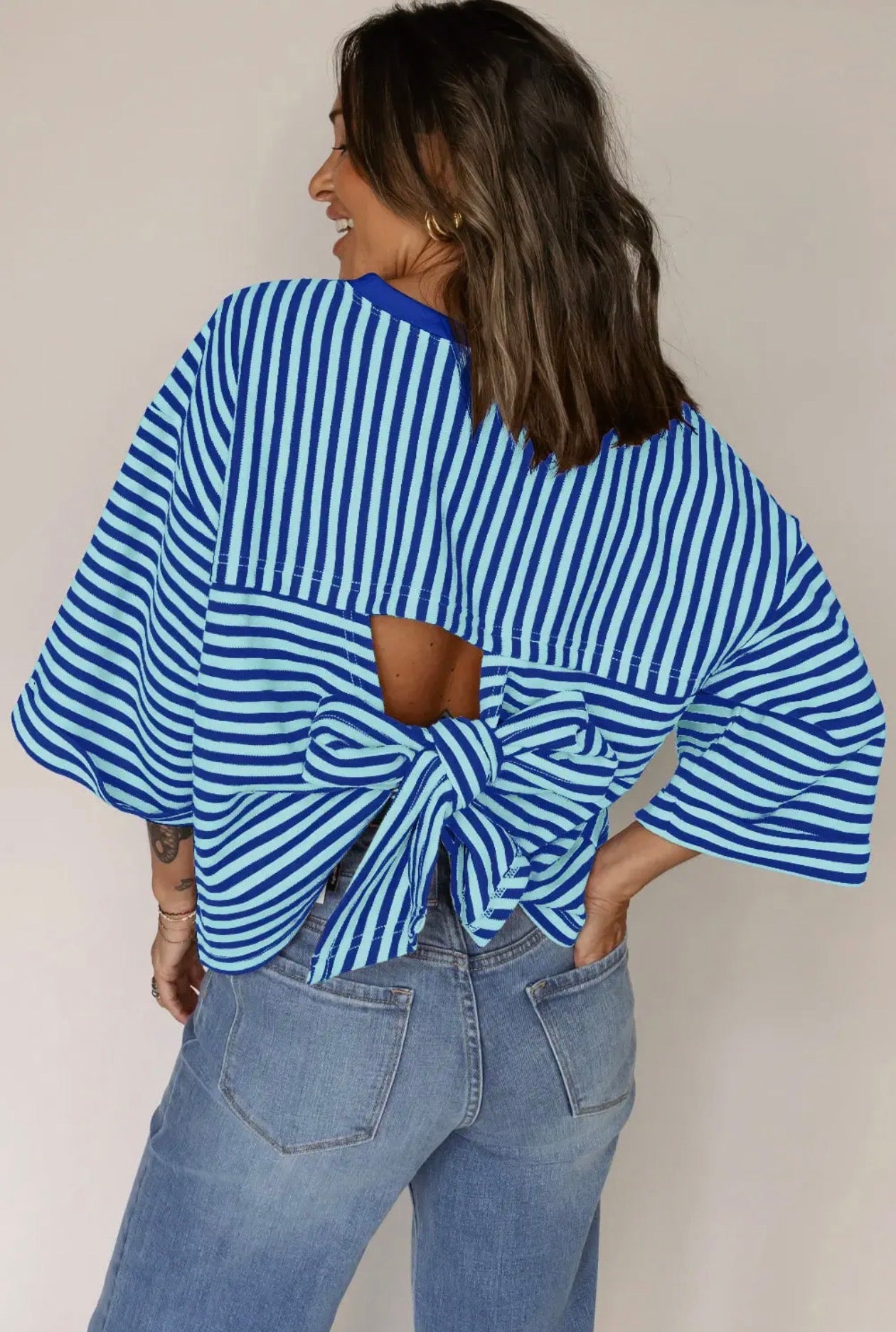 Striped Knit Crew Neck Top with Back Bow Tie Detail
