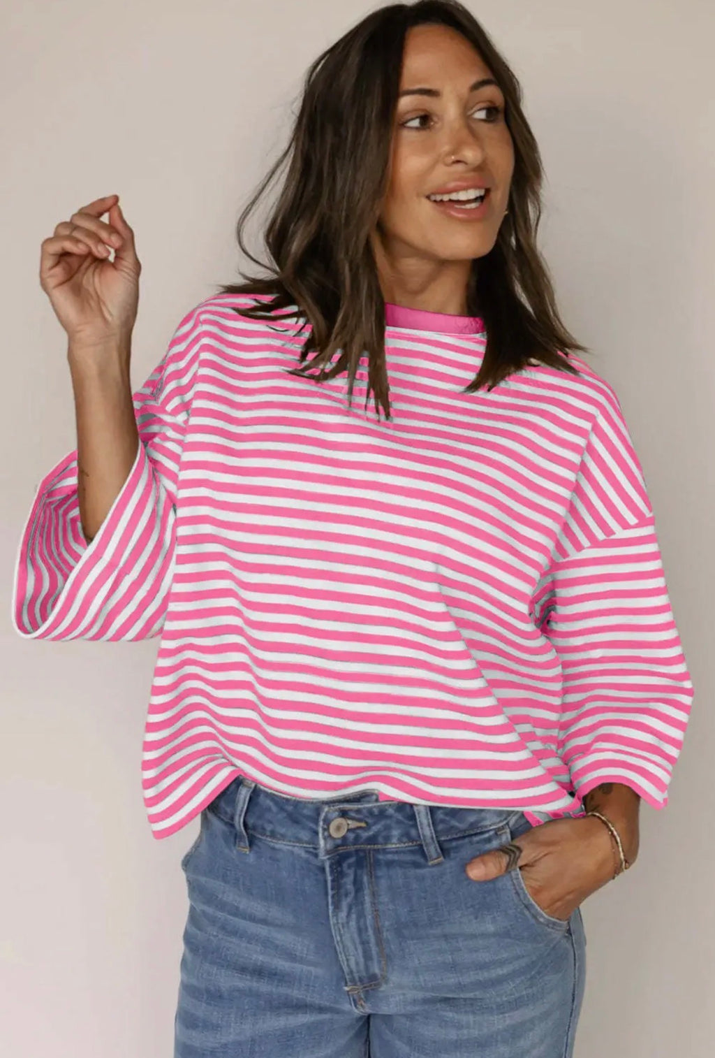 Striped Knit Crew Neck Top with Back Bow Tie Detail