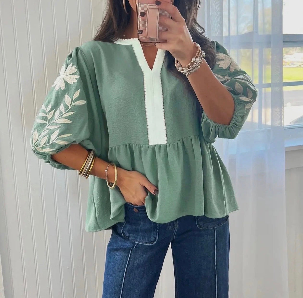 Floral embroidered v-neck puff sleeve babydoll blouse