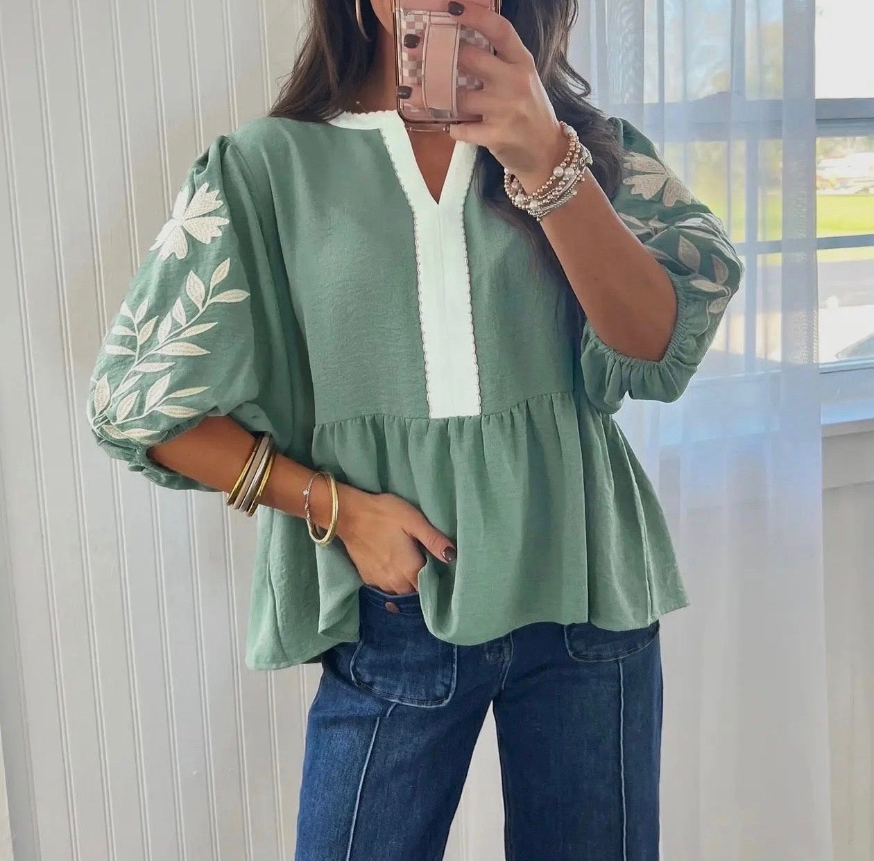 Floral embroidered v-neck puff sleeve babydoll blouse