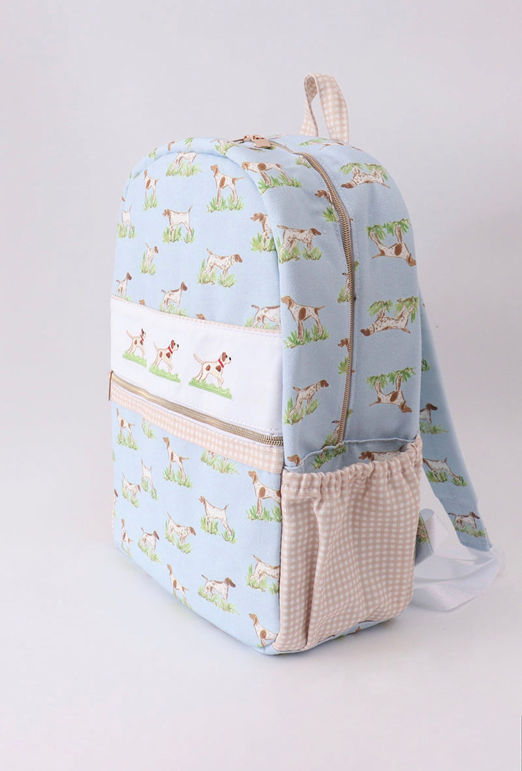 Hunting Dog with Tan Gingham Backpacks