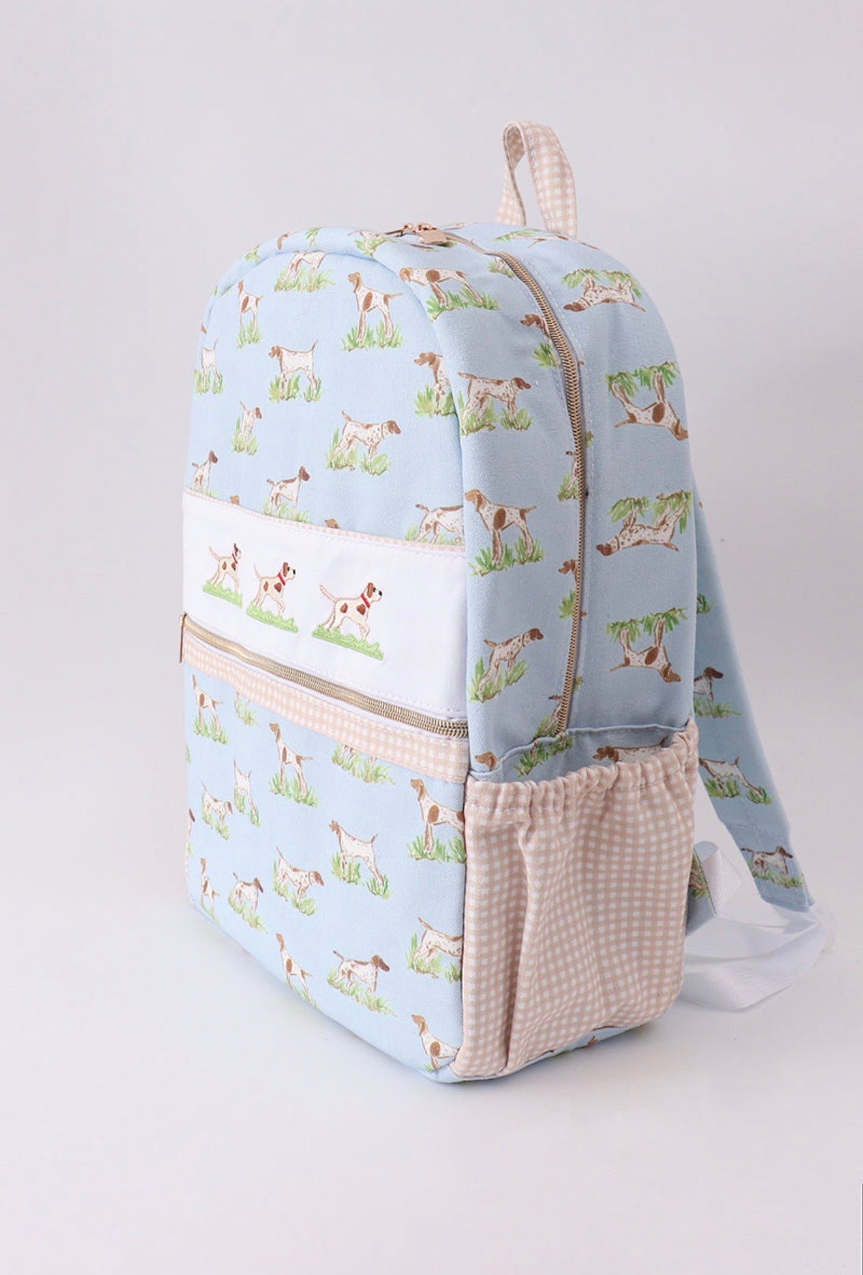 Hunting Dog with Tan Gingham Backpacks