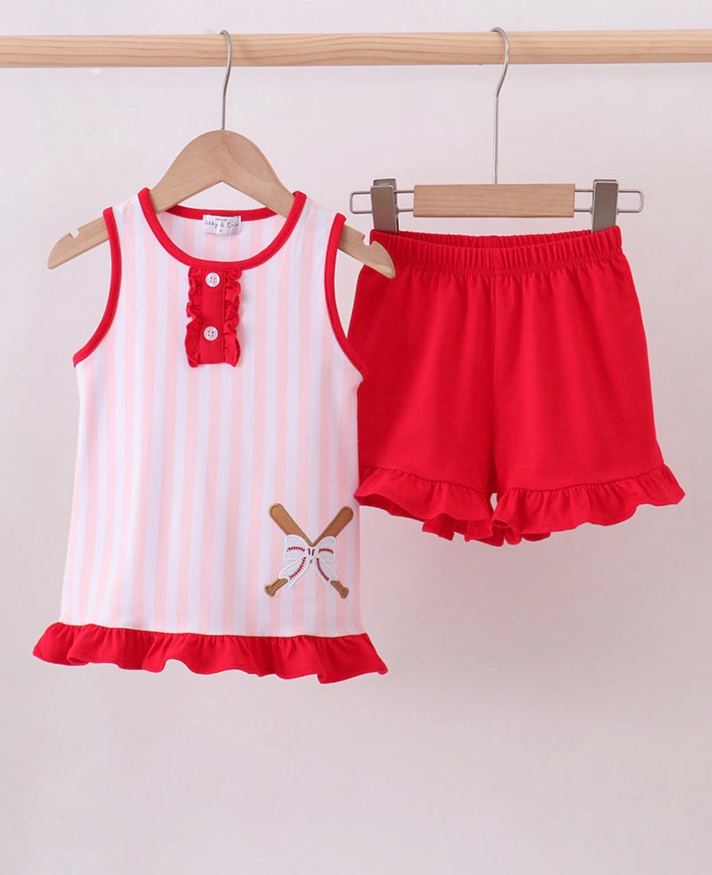 Pink baseball bow stripe ruffle shorts set