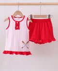 Pink baseball bow stripe ruffle shorts set