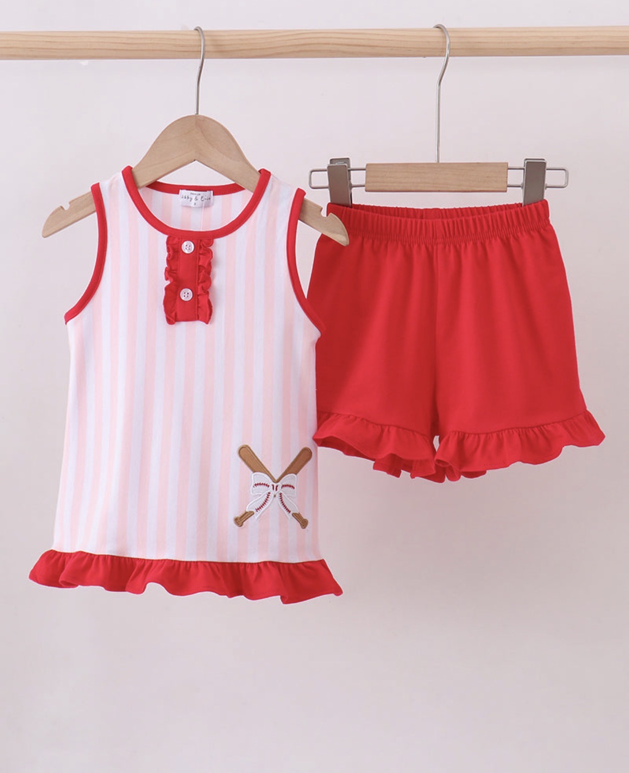 Pink baseball bow stripe ruffle shorts set