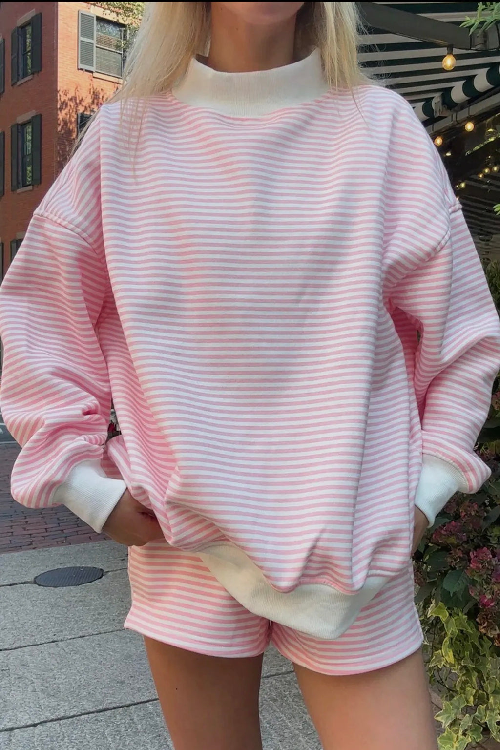 Pink Stripe Oversize Mock Neck
Sweatshirt and Shorts Set