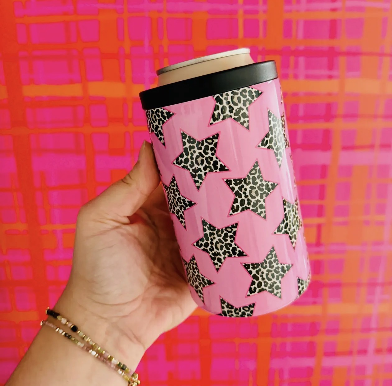 12 oz Can Cooler, Cheetah Stars On Pink