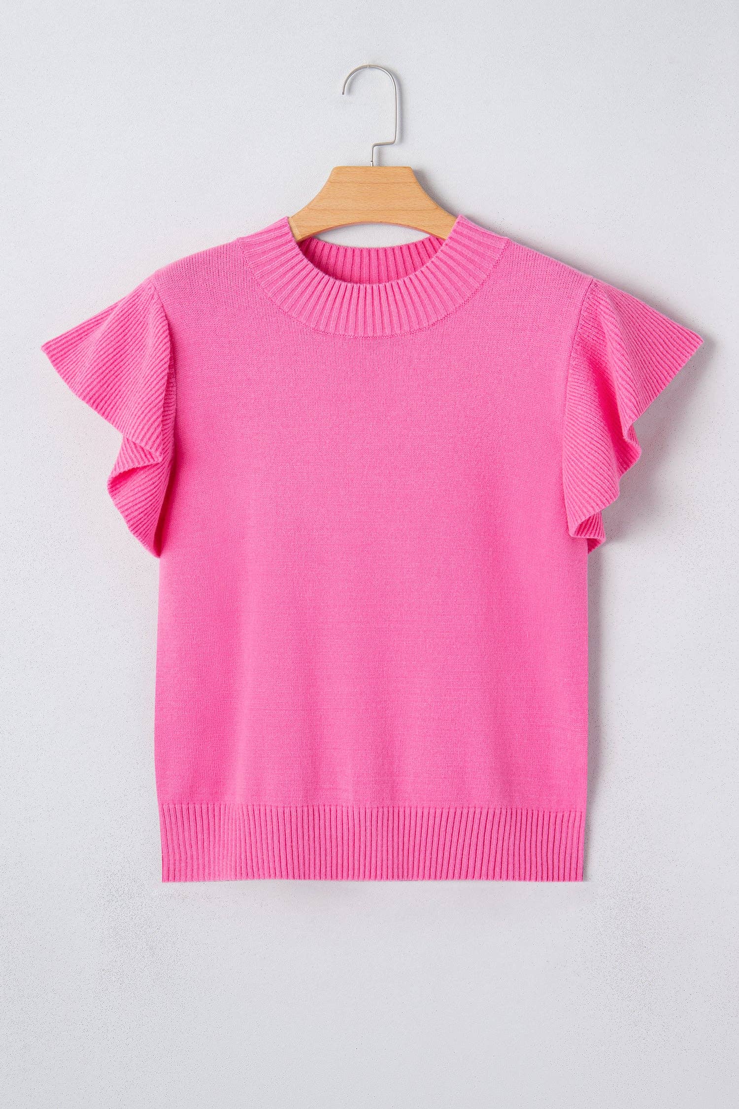 LALALOO Solid Ribbed Ruffle Short Sleeve Sweater