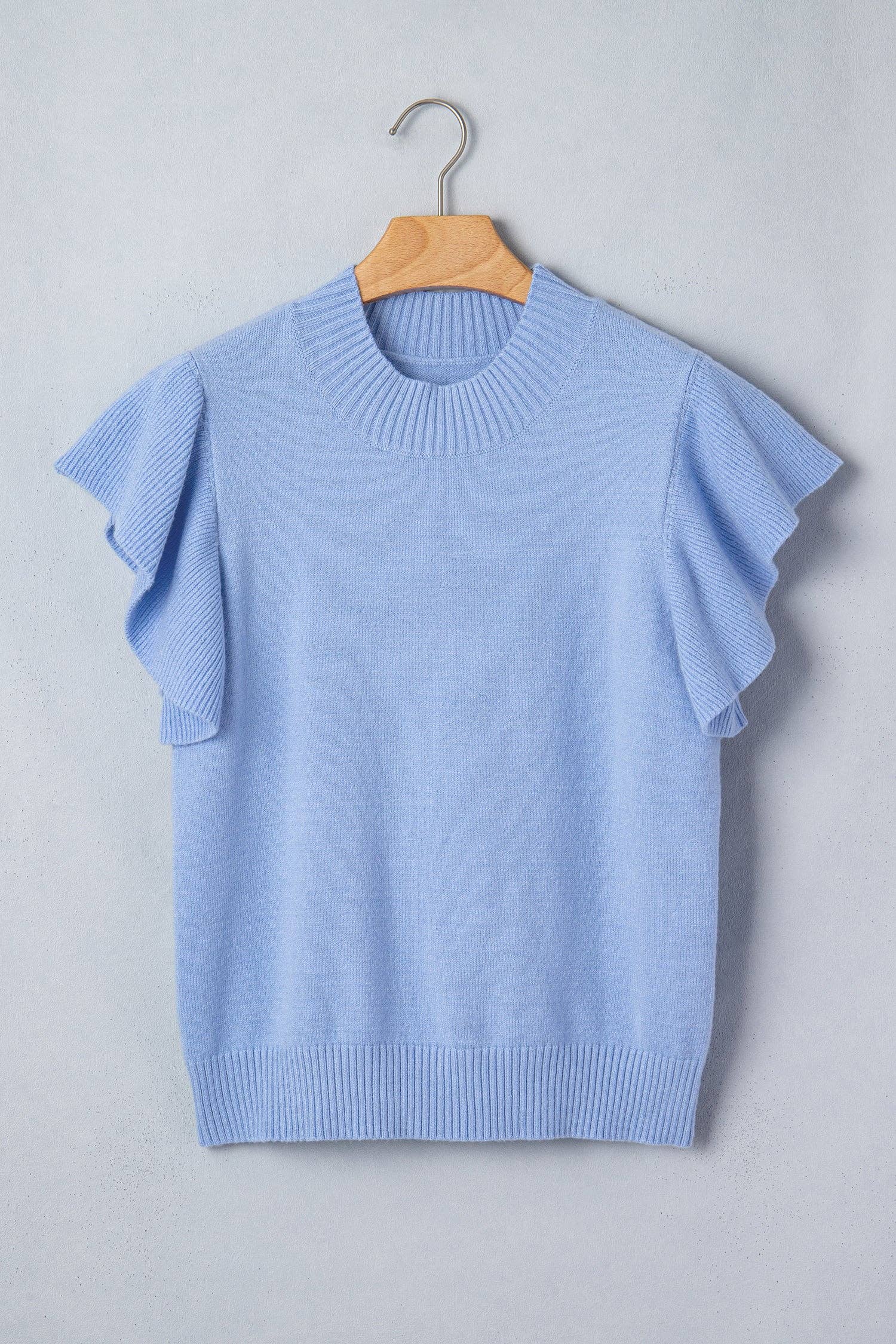LALALOO Solid Ribbed Ruffle Short Sleeve Sweater