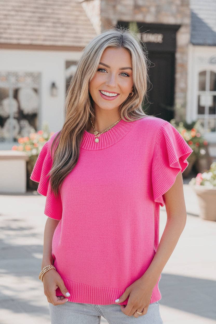 LALALOO Solid Ribbed Ruffle Short Sleeve Sweater